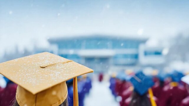 A Pivotal Moment: A sea of graduates, adorned in caps and gowns, embark on their next chapter as they approach a grand academic building, their futures as bright as the snowfall.