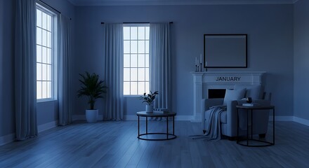 Elegant living room interior at twilight with fireplace