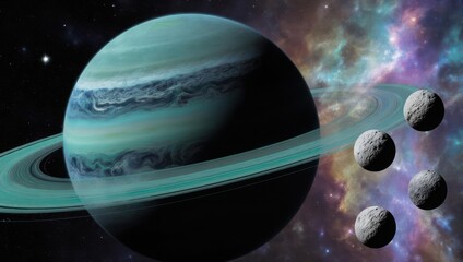 Saturn-like planet with rings and moons against a colorful nebula background.
