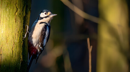 woodpecker. Woodpecker perched on tree trunk captured mid-peck in morning forest light. wildlife magazines, conservation campaigns, designed for eco-tourism storytelling.