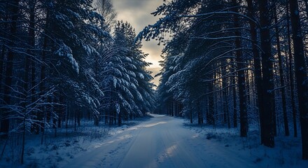 Snowy forest path leading into dark winter woods