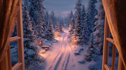 Cozy christmas scene from a window snowy forest pathway with lanterns winter night atmosphere