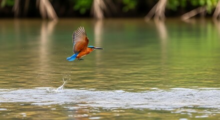 Kingfisher bird taking flight after catching fish
