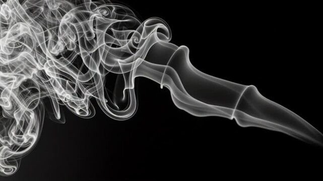 Ethereal smoke gracefully dances against a stark black backdrop, creating a mesmerizing abstract pattern perfect for adding mystery and intrigue
