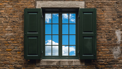 Naklejka premium Charming Window Gaze: Reflections of a Bright Blue Sky