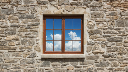 Fototapeta premium Weathered Stone Wall with Window Showcasing Clear Skies