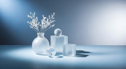 Frosted glass still life with delicate white blossom arrangement