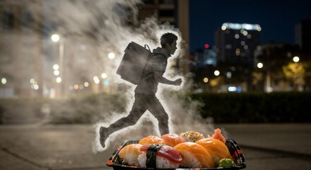 Man running with backpack past sushi platter in urban night setting  