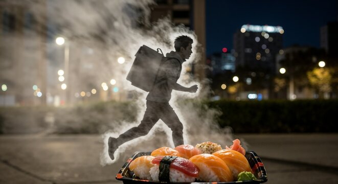 Man running with backpack past sushi platter in urban night setting