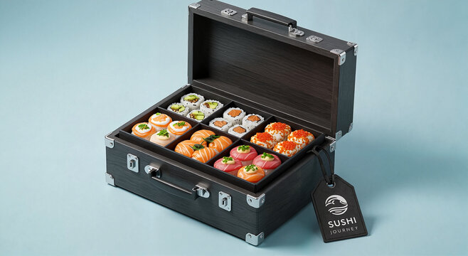 Sushi rolls in a wooden box with a tag on light blue background  