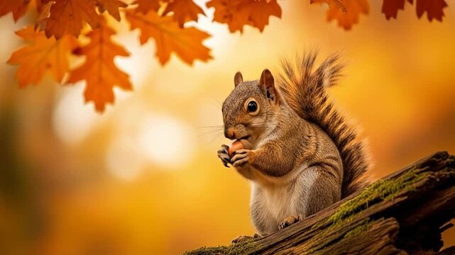 Adorable Squirrel Eating Nut Outdoors in Autumn Forest - 4K Stock Footage for Nature and Wildlife Content
