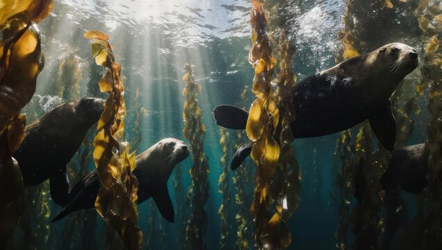 Seals Play in Kelp Forest Undersea Sunlight.