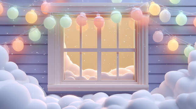 Cozy christmas scene with soft clouds and colorful lights warm window view dreamy atmosphere