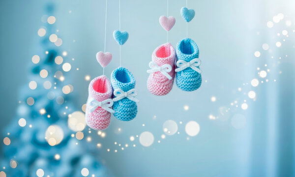 Baby shower gender reveal Christmas invitation or banner template with pink and blue knitted boots. A congratulatory banner or card for the birth of a child.