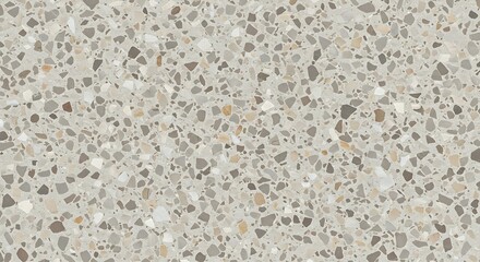 Modern light grey terrazzo texture with diverse aggregate chips, abstract surface pattern for flooring, countertops, and design background.