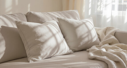 Soft pillows and cozy throw blanket invite relaxation in a sunlit space, perfect for home decor inspiration and serene lifestyle design projects showcasing comfort