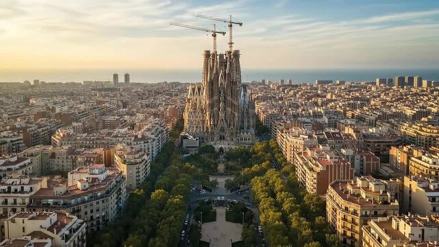Sagrada Familia cathedral in Barcelona, Spain, seen from above at sunset.