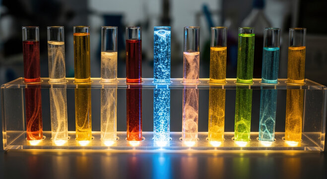 Clinical lab experiment with glowing test tubes for nutrition research. science background showing chemical reactions in glassware for medical discovery in modern laboratory