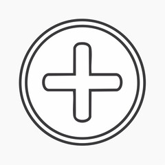Fototapeta premium Simple black and white outline of a plus sign inside a double-lined circle on a light gray background