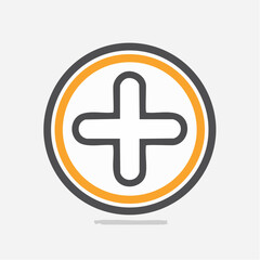 Fototapeta premium Outline of a plus sign inside a gray and orange double-lined circle with a subtle shadow on a light gray background