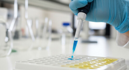 Focused scientist in clinical lab performs nutrition experiment pipetting blue liquid into well plate for scientific research and analysis of chemical reaction