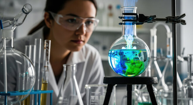 Focused female scientist in clinical lab performs nutrition experiment with chemical liquid. Her serious expression shows concentration during scientific research