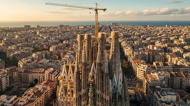 Aerial view of the Sagrada Familia cathedral under construction, overlooking the city of Barcelona at sunset.