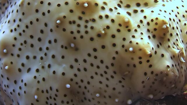 Observe the unique details of a sea cucumber living in the waters around Papua New Guinea and Indonesia. The animal's skin is covered in black spots and small white projections.