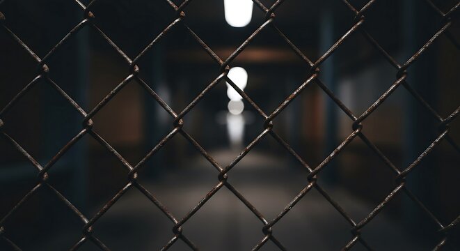 Close-up of chain-link fence with blurred dark hallway and distant lights, symbolizing barrier, confinement, or security.