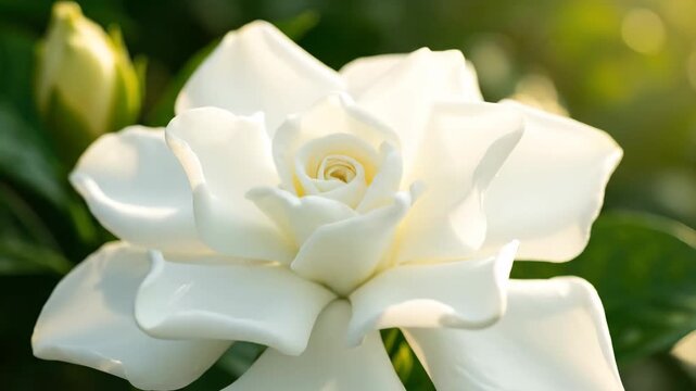 Close up view of a beautiful white gardenia flower in bloom