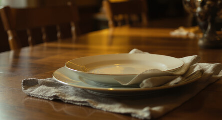 Elegant table setting with plates and linen napkin evokes warm, inviting ambiance for culinary lifestyle, perfect for restaurant promotions and cozy dining scenes