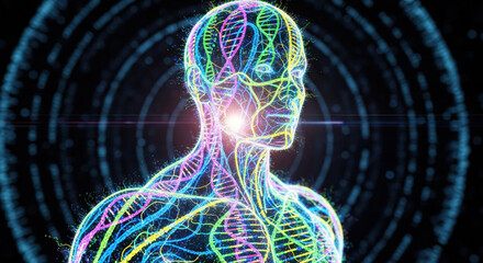 Futuristic human anatomy with glowing DNA helix. Clinical research in lab explores genetic science and nutrition for future healthcare innovation and human biology analysis