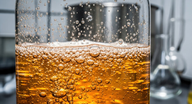 Close up of bubbling liquid in glass beaker in clinical lab for nutrition research. active fermentation process reveals fascinating amber beverage production