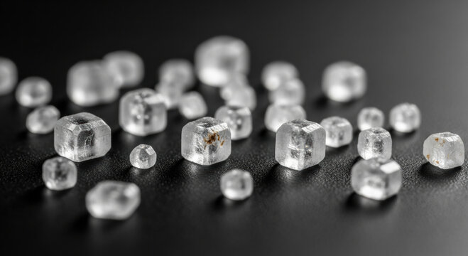 Clear micro plastic pellets for clinical nutrition lab study. These transparent polymer granules show precision and detail on dark background for scientific research