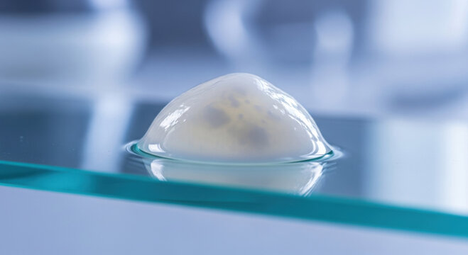 Focused close up of biological gel drop during clinical nutrition experiment in science lab showing detailed research analysis for biotechnology