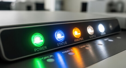 Close up of modern control panel on clinical machine for nutrition analysis in lab. equipment shows an illuminated power light status and system analysis indicator