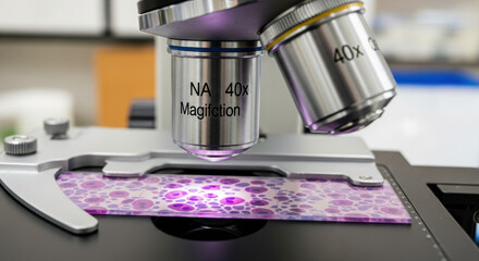 Focused view of clinical lab microscope analyzing specimen. This essential research tool aids in scientific discovery for areas like biology and nutrition