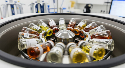 Centrifuge rotor with vial samples spinning in modern medical research lab. Precise science equipment for clinical analysis and experiments in fields like nutrition