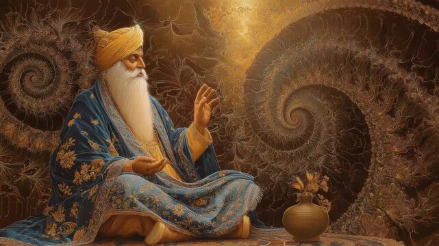 Guru Nanak meditation with golden robe and intricate background pattern