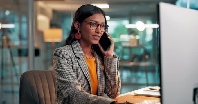 Media agency, phone call and woman in workplace, computer and check facts for news report. Connection, person or journalist with pc, editing or online interview with deadline or email for submission