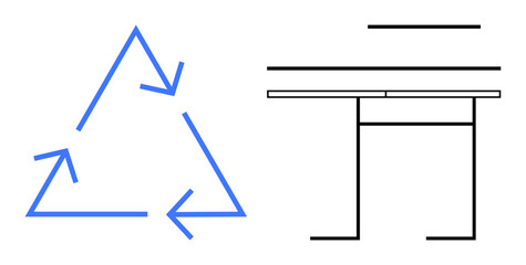 Blue arrows forming a recycling shape paired with black minimalist desk lines. Ideal for sustainability, eco-consciousness, resource reuse, workspace design, simplicity, modernity, minimal flat