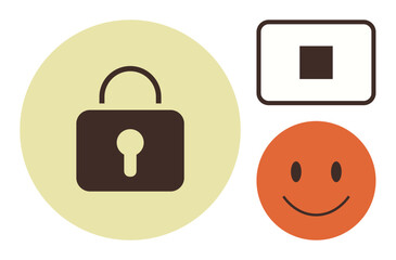 Obraz premium Padlock, happy face, and stop symbol emphasizing security, protection, positivity, and control. Ideal for technology, safety access optimism privacy boundaries and decision-making themes. Simple