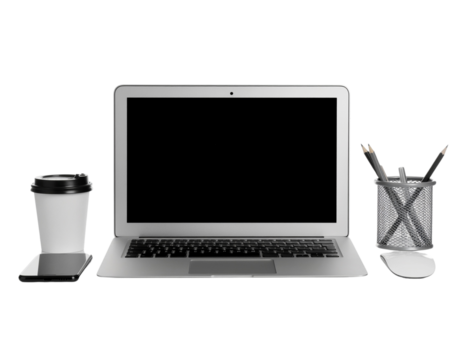Modern ergonomic office desk setup with minimalist laptop and wireless accessories, isolated on a transparent background, PNG