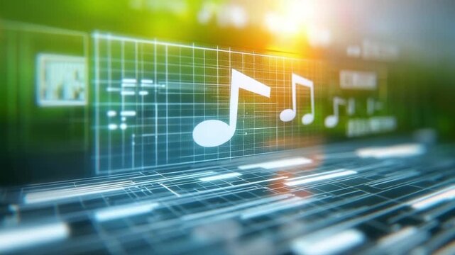 Digital Melodies: A symphony of music notes on a glowing digital interface, representing the harmony and technicality of modern sound.