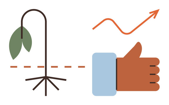 Withering plant developing deep roots beside thumbs-up and rising arrow. Ideal for growth, transformation, success, improvement, strategy, progress, optimism. Simple flat metaphor