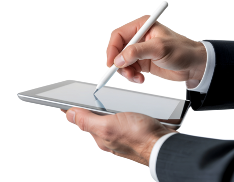 Male office worker using a tablet stylus for digital planning, ultra-realistic hand detail, isolated on a transparent background, PNG