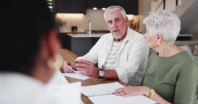Elderly couple, home and financial consultant with paperwork for investment, budget or mortgage. Senior woman, man and discussion with advisor for retirement savings, insurance and pension annuity