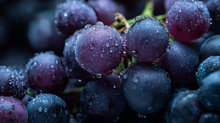 Close-up shot of purple grapes covered in fresh dew drops, moody soft lighting, rich tones, shallow depth of field, natural freshness.