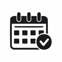 Black Calendar Grid Icon with Check Mark in Circle on White Background symbol tick