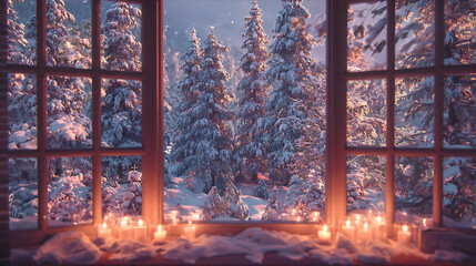 Cozy christmas scene from a winter window scenic nature view with candles and snowy forest in the background
